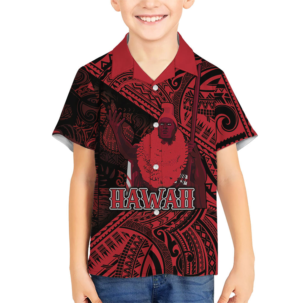 Hawaii King Kamehameha Family Matching Off The Shoulder Long Sleeve Dress and Hawaiian Shirt With Hawaiian Ipu Motifs Red Version LT05 Son's Shirt Red - Polynesian Pride