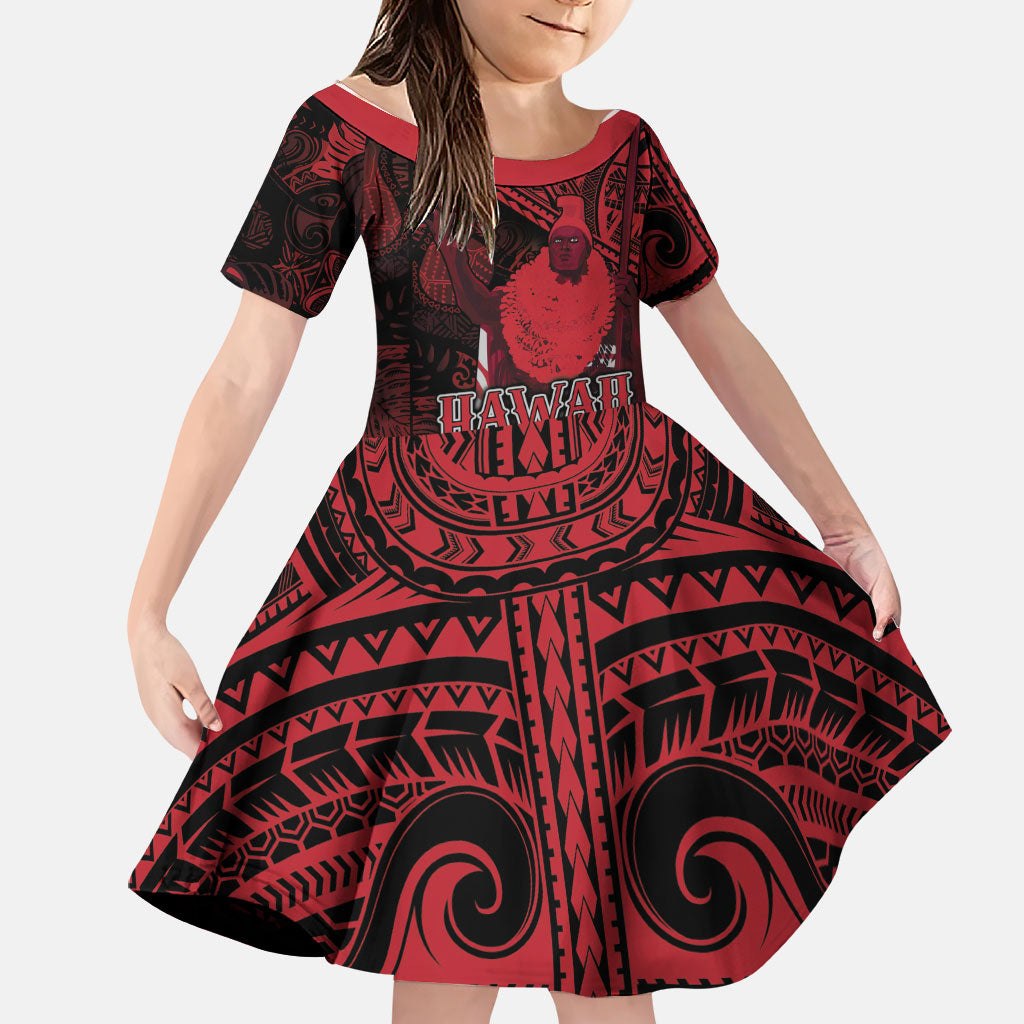 Hawaii King Kamehameha Family Matching Off Shoulder Maxi Dress and Hawaiian Shirt With Hawaiian Ipu Motifs Red Version LT05 Daughter's Dress Red - Polynesian Pride