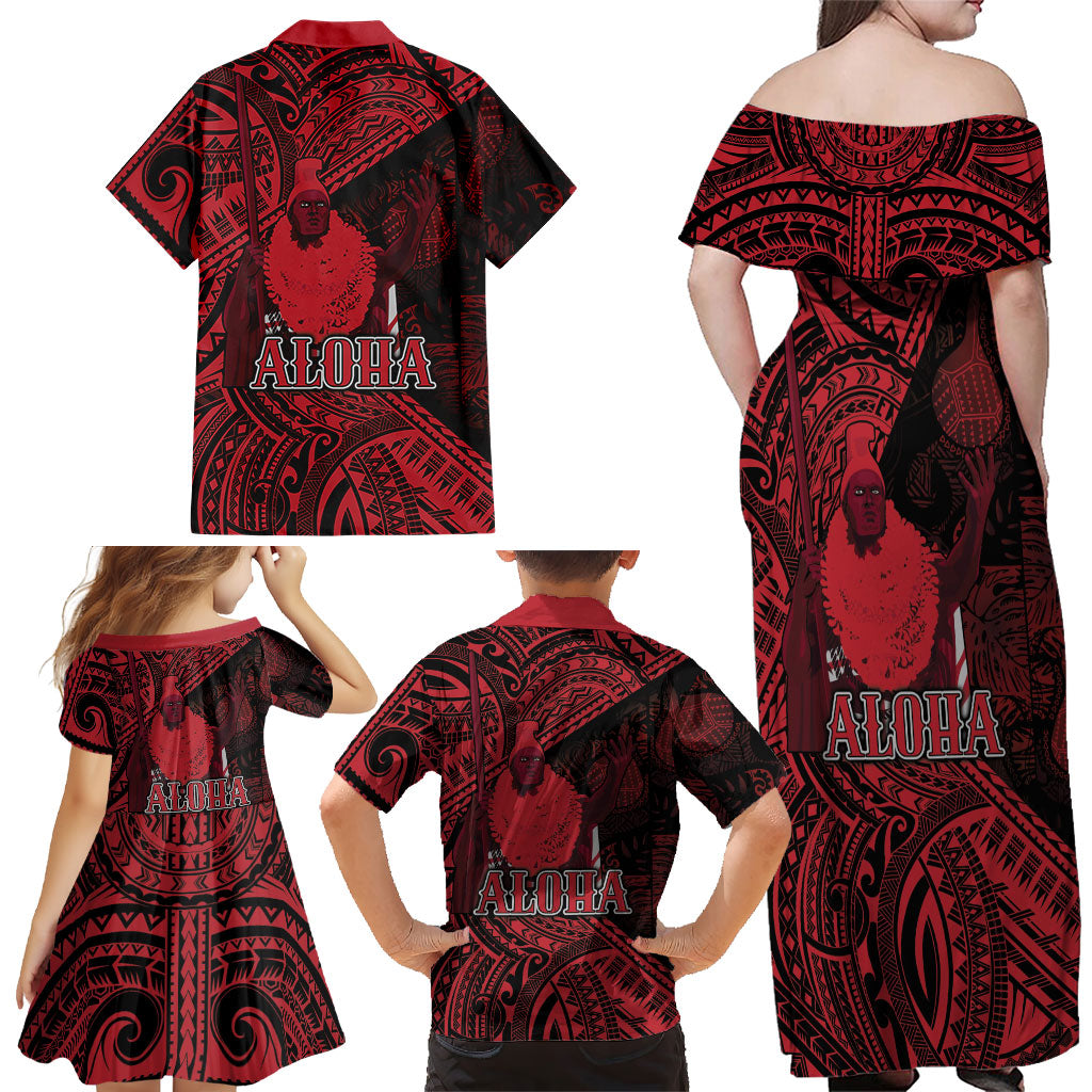 Hawaii King Kamehameha Family Matching Off Shoulder Maxi Dress and Hawaiian Shirt With Hawaiian Ipu Motifs Red Version LT05 - Polynesian Pride