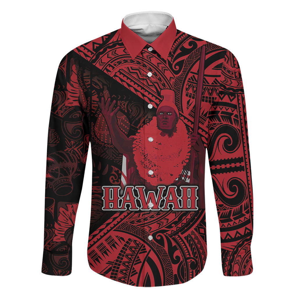 Hawaii King Kamehameha Family Matching Off Shoulder Maxi Dress and Hawaiian Shirt With Hawaiian Ipu Motifs Red Version LT05 Dad's Shirt - Long Sleeve Red - Polynesian Pride