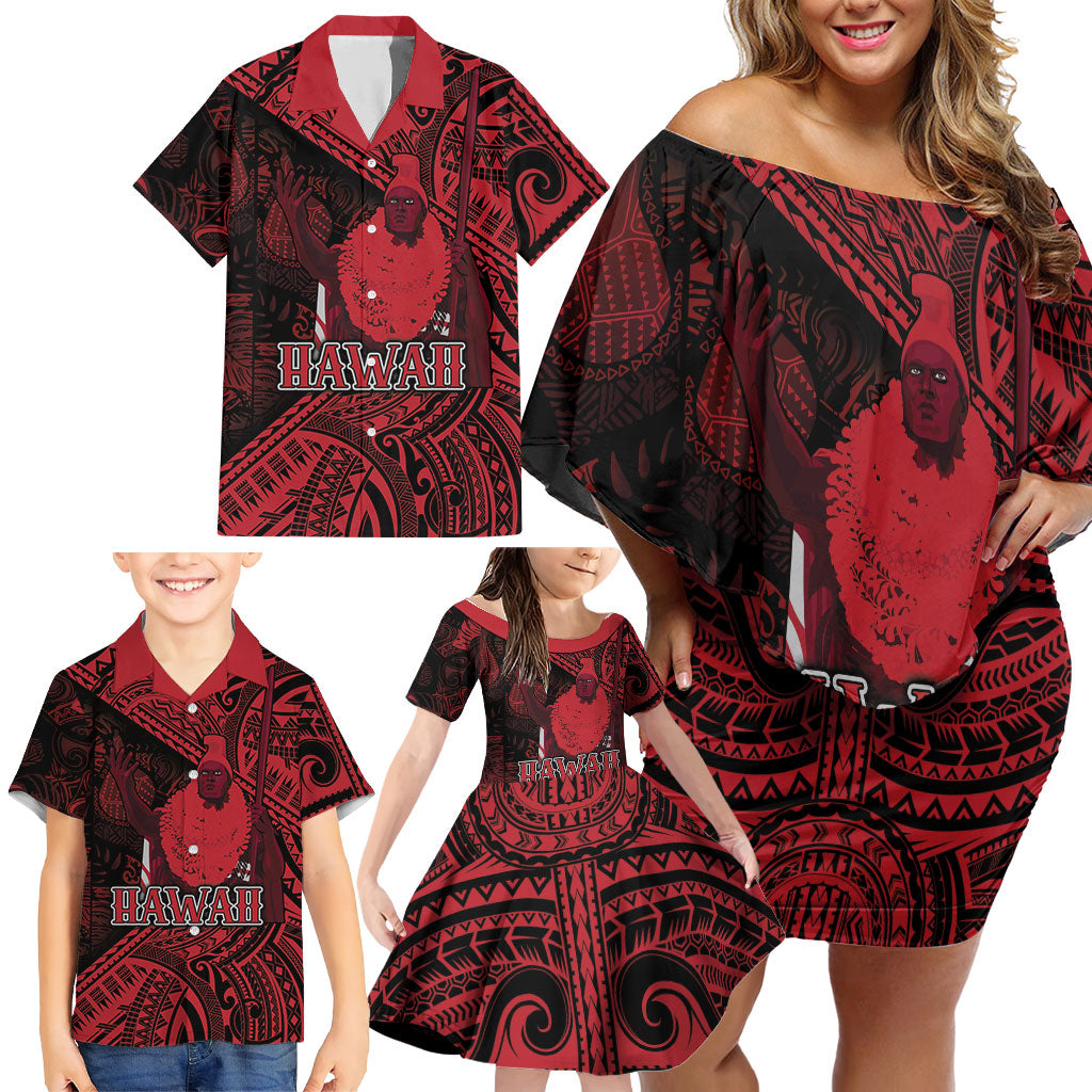 Hawaii King Kamehameha Family Matching Off Shoulder Short Dress and Hawaiian Shirt With Hawaiian Ipu Motifs Red Version LT05 - Polynesian Pride