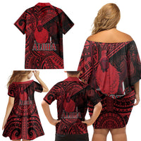 Hawaii King Kamehameha Family Matching Off Shoulder Short Dress and Hawaiian Shirt With Hawaiian Ipu Motifs Red Version LT05 - Polynesian Pride