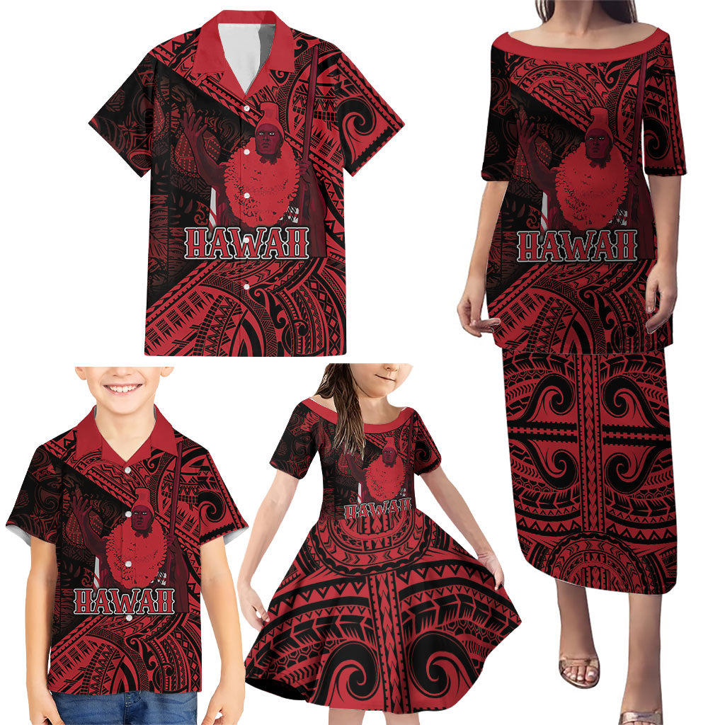 Hawaii King Kamehameha Family Matching Puletasi and Hawaiian Shirt With Hawaiian Ipu Motifs Red Version LT05 - Polynesian Pride