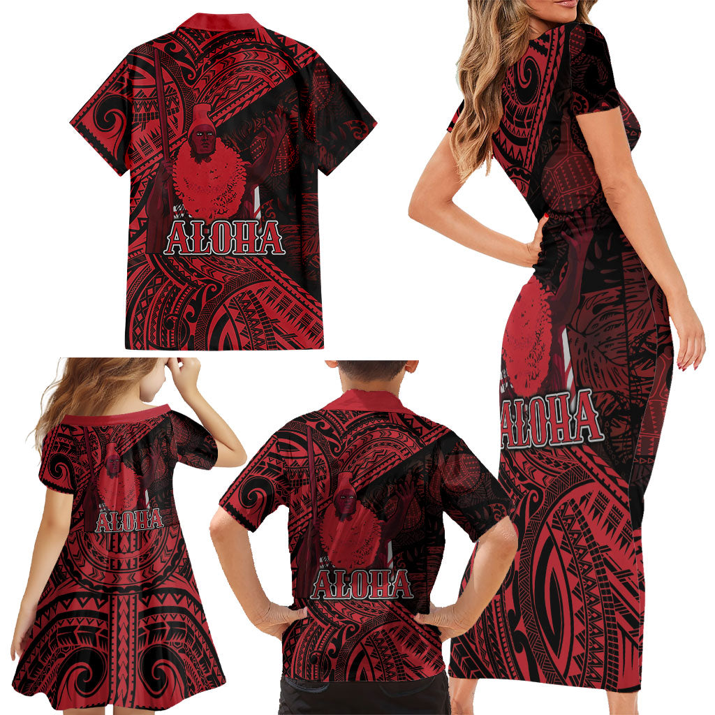 Hawaii King Kamehameha Family Matching Short Sleeve Bodycon Dress and Hawaiian Shirt With Hawaiian Ipu Motifs Red Version LT05 - Polynesian Pride
