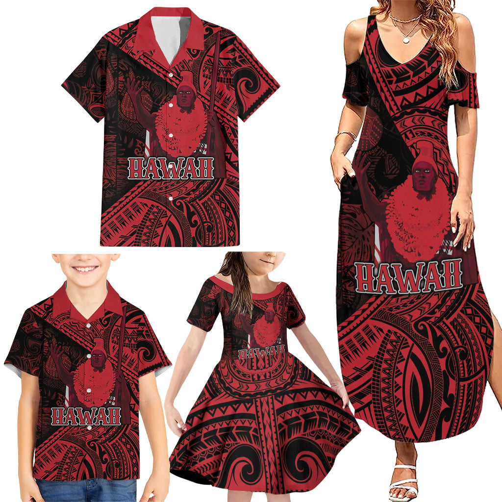 Hawaii King Kamehameha Family Matching Summer Maxi Dress and Hawaiian Shirt With Hawaiian Ipu Motifs Red Version