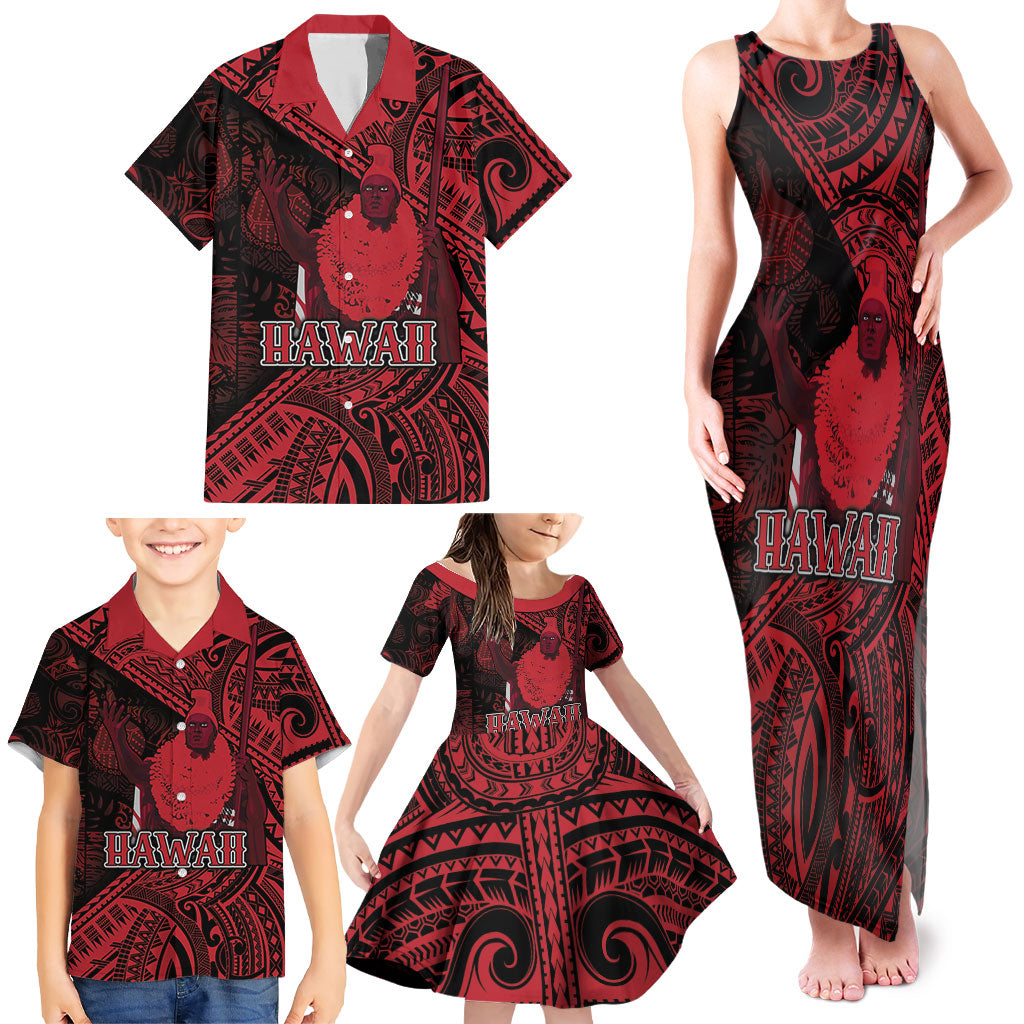 Hawaii King Kamehameha Family Matching Tank Maxi Dress and Hawaiian Shirt With Hawaiian Ipu Motifs Red Version