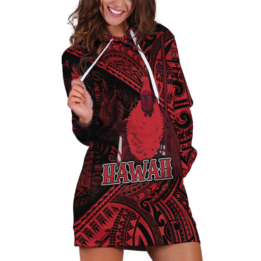 Hawaii King Kamehameha Hoodie Dress With Hawaiian Ipu Motifs Red Version