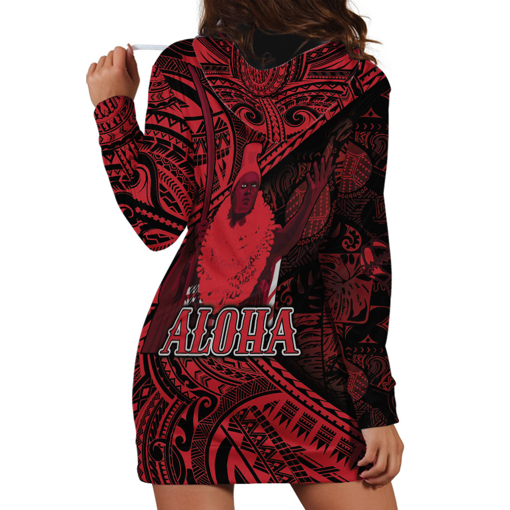 Hawaii King Kamehameha Hoodie Dress With Hawaiian Ipu Motifs Red Version