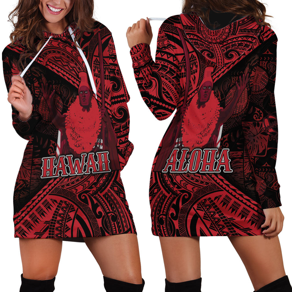 Hawaii King Kamehameha Hoodie Dress With Hawaiian Ipu Motifs Red Version