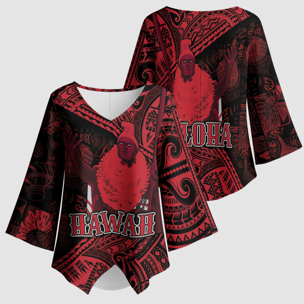 Hawaii King Kamehameha Kimono Sleeve Blouse With Hawaiian Ipu Motifs Red Version