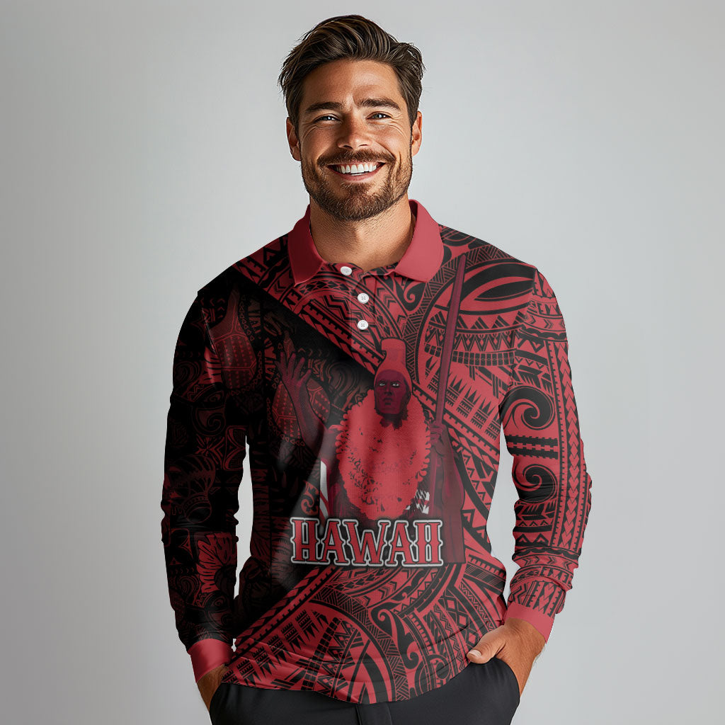 Hawaii King Kamehameha Long Sleeve Polo Shirt With Hawaiian Ipu Motifs Red Version