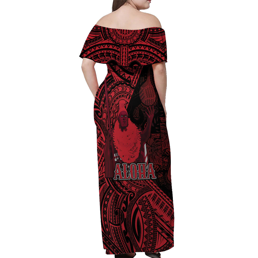 Hawaii King Kamehameha Off Shoulder Maxi Dress With Hawaiian Ipu Motifs Red Version