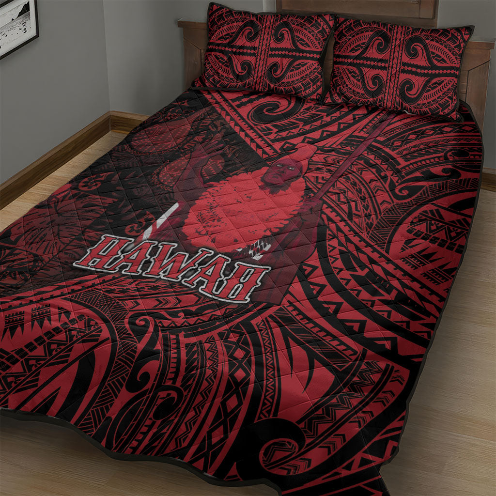 Hawaii King Kamehameha Quilt Bed Set With Hawaiian Ipu Motifs Red Version