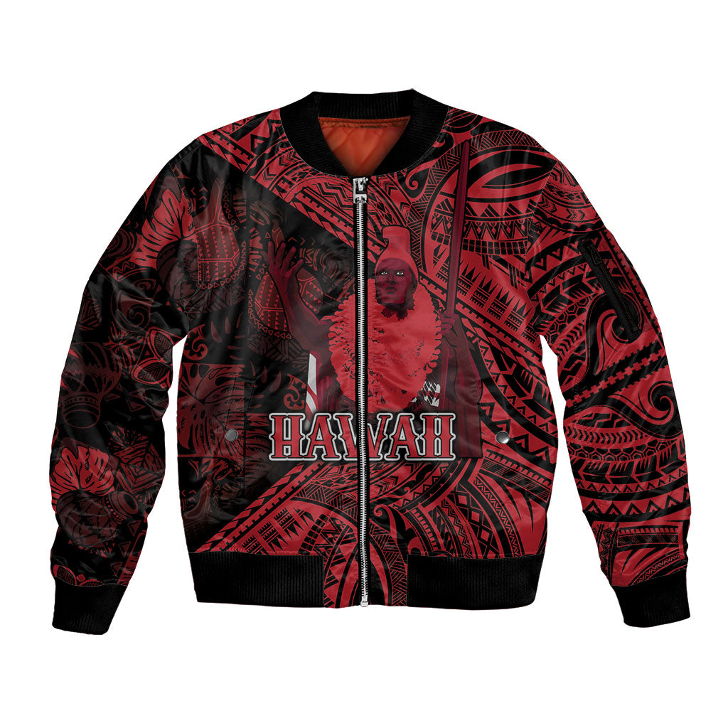 Hawaii King Kamehameha Sleeve Zip Bomber Jacket With Hawaiian Ipu Motifs Red Version