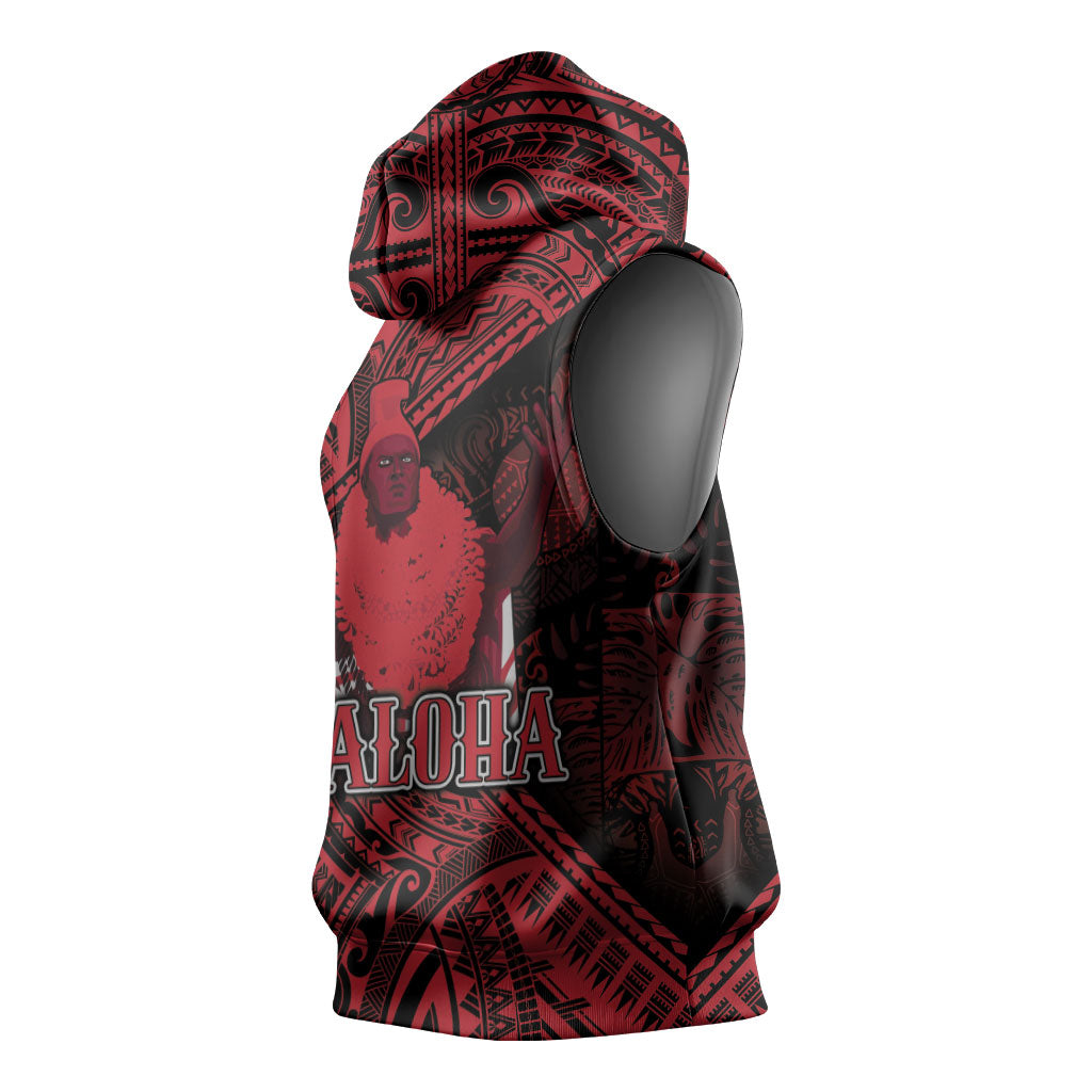 Hawaii King Kamehameha Sleeveless Hoodie With Hawaiian Ipu Motifs Red Version