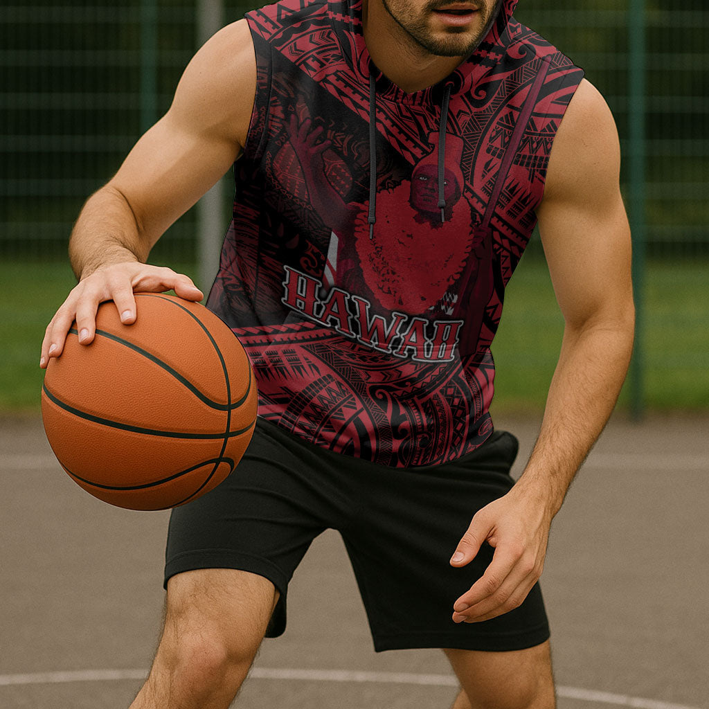 Hawaii King Kamehameha Sleeveless Hoodie With Hawaiian Ipu Motifs Red Version