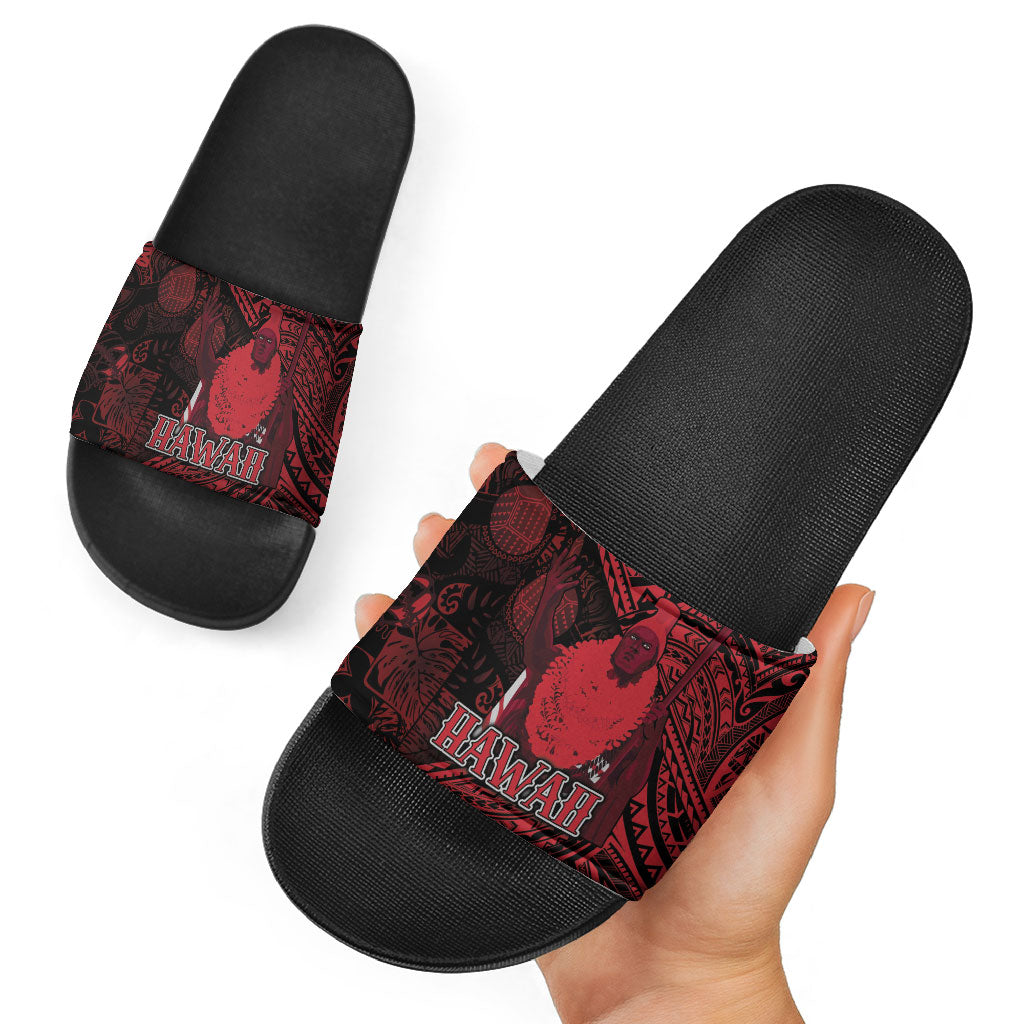 Hawaii King Kamehameha Slide Sandals With Hawaiian Ipu Motifs Red Version