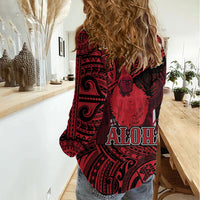 Hawaii King Kamehameha Women Casual Shirt With Hawaiian Ipu Motifs Red Version