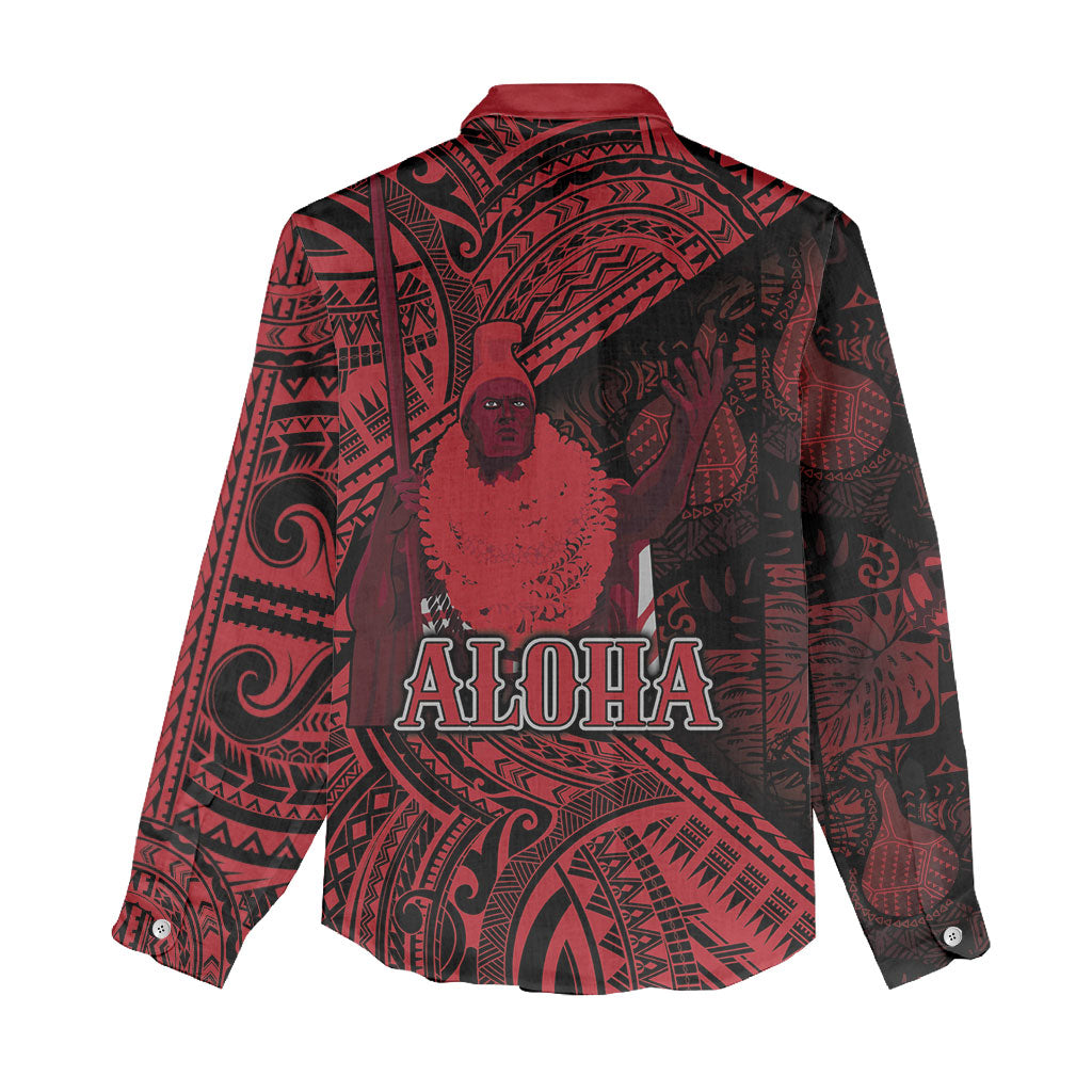 Hawaii King Kamehameha Women Casual Shirt With Hawaiian Ipu Motifs Red Version