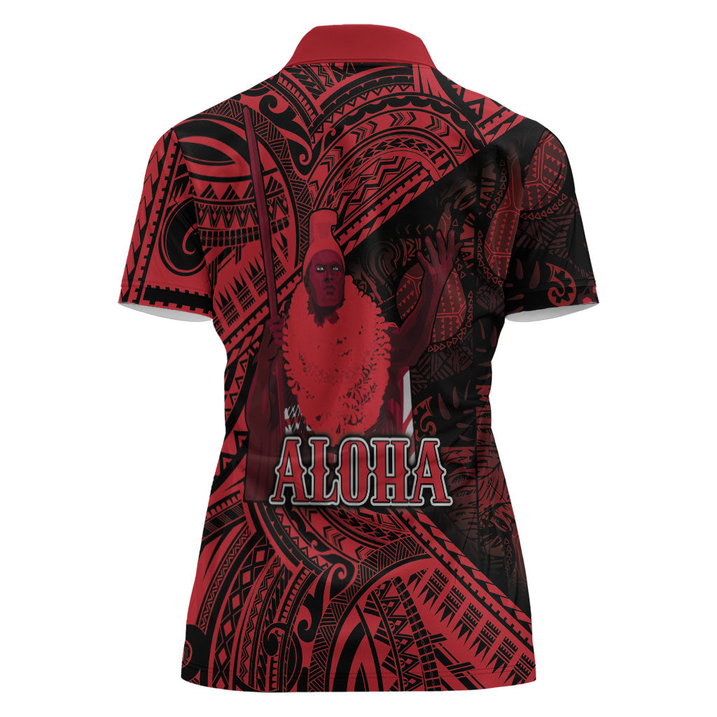 Hawaii King Kamehameha Women Polo Shirt With Hawaiian Ipu Motifs Red Version