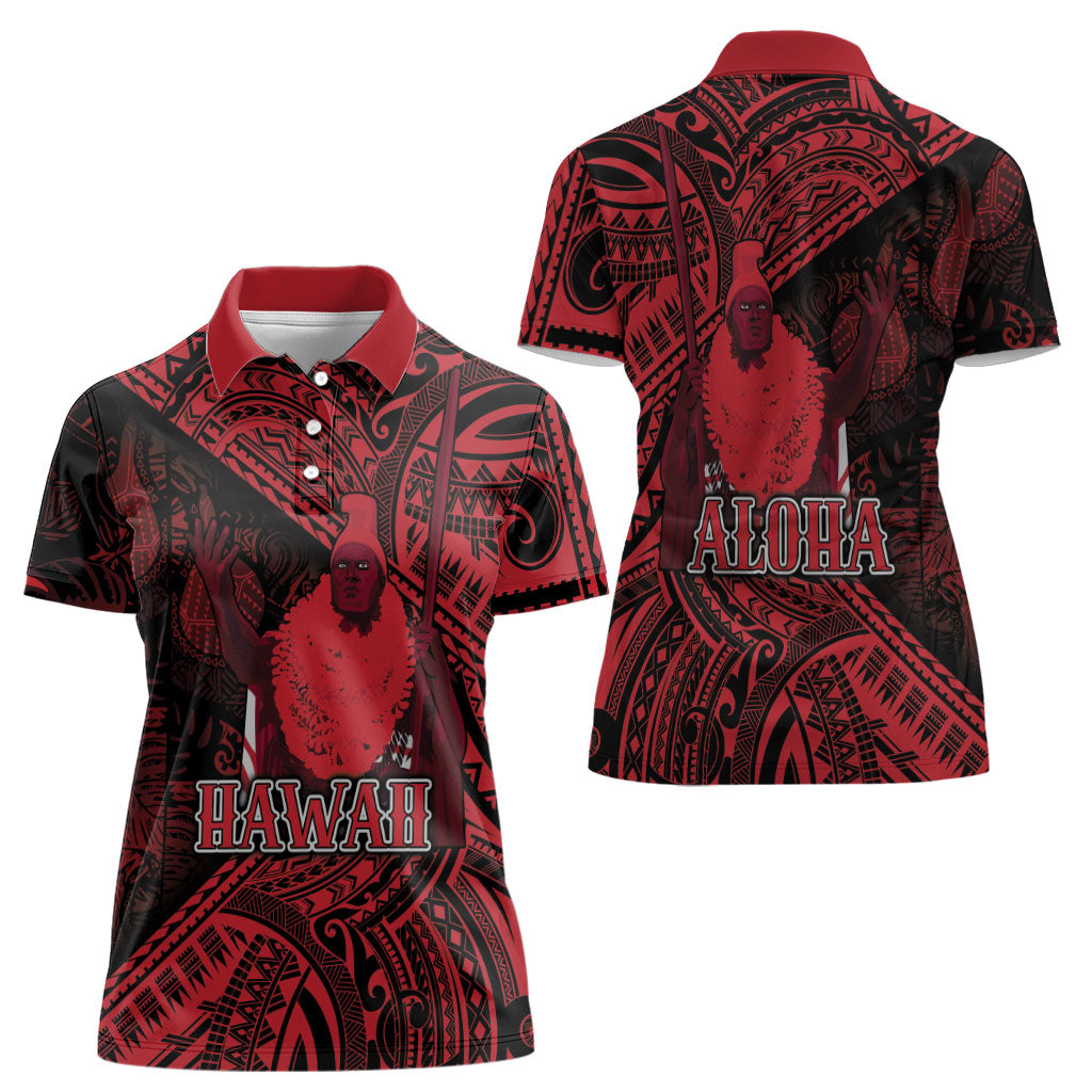 Hawaii King Kamehameha Women Polo Shirt With Hawaiian Ipu Motifs Red Version