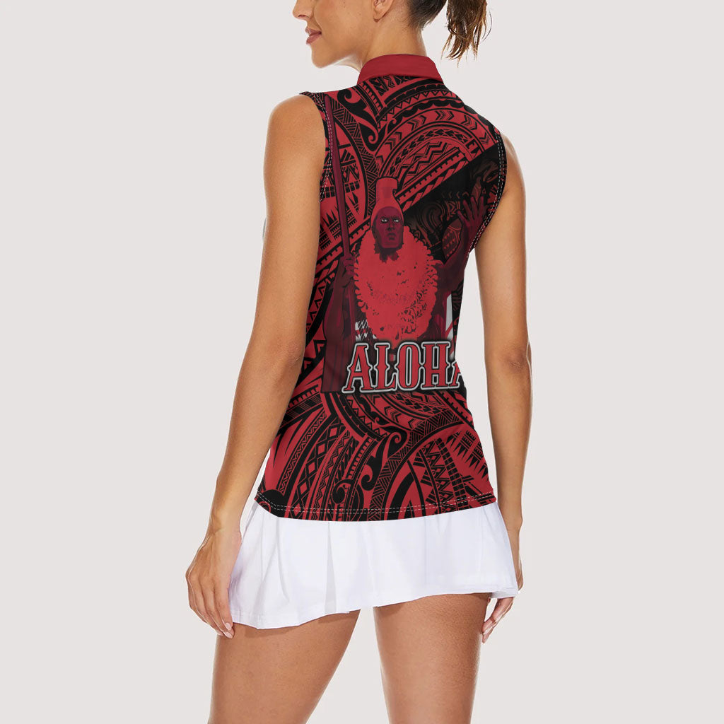Hawaii King Kamehameha Women Sleeveless Polo Shirt With Hawaiian Ipu Motifs Red Version