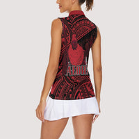 Hawaii King Kamehameha Women Sleeveless Polo Shirt With Hawaiian Ipu Motifs Red Version