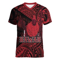 Hawaii King Kamehameha Women V-Neck T-Shirt With Hawaiian Ipu Motifs Red Version