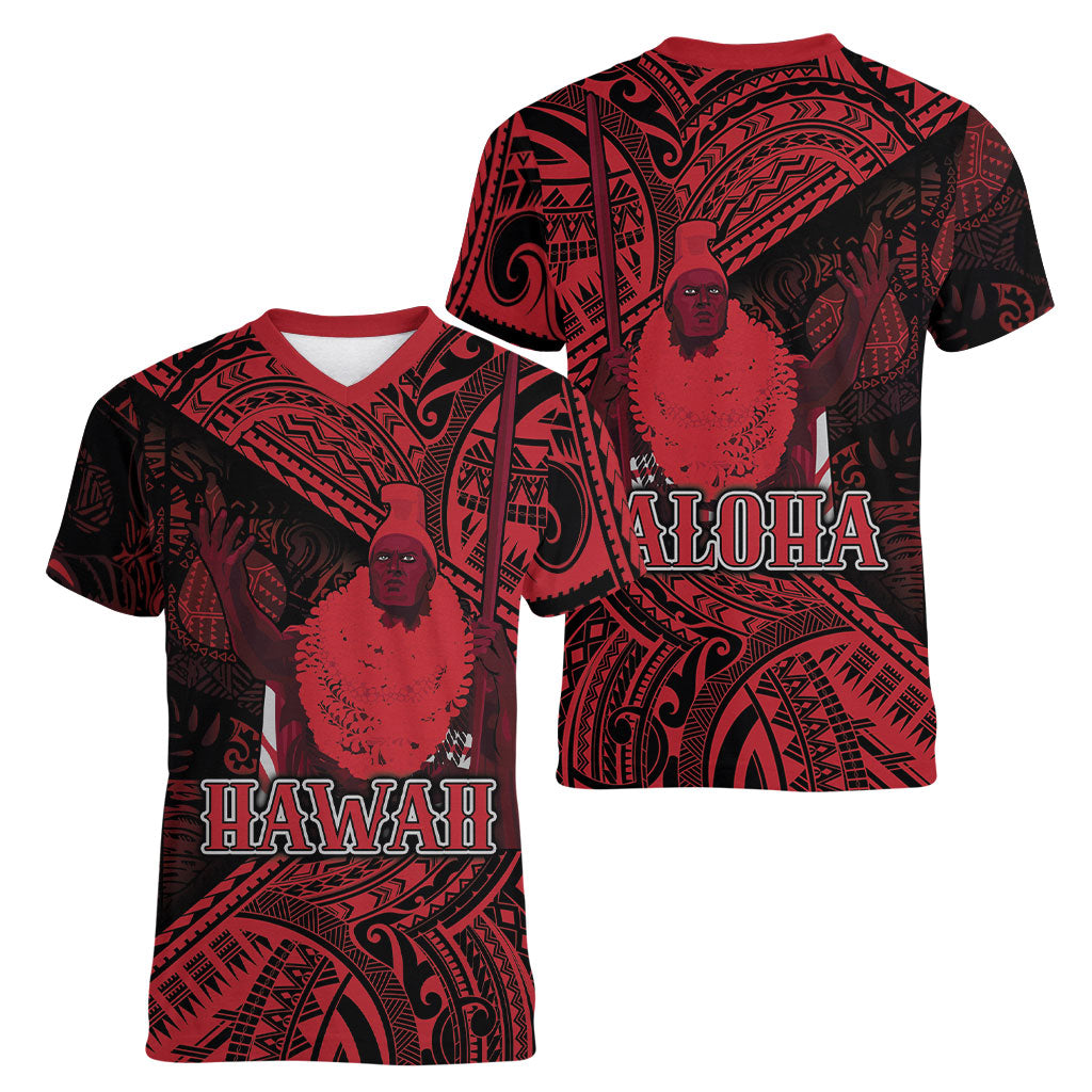 Hawaii King Kamehameha Women V-Neck T-Shirt With Hawaiian Ipu Motifs Red Version