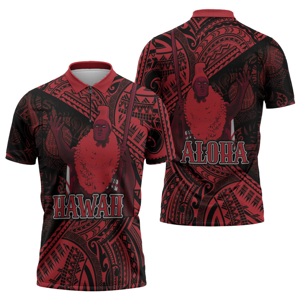 Hawaii King Kamehameha Zipper Polo Shirt With Hawaiian Ipu Motifs Red Version