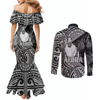Hawaii King Kamehameha Couples Matching Mermaid Dress and Long Sleeve Button Shirt With Hawaiian Ipu Motifs Black Version