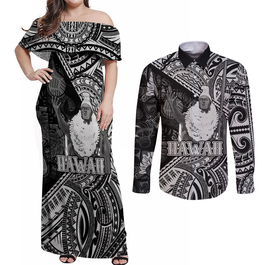 Hawaii King Kamehameha Couples Matching Off Shoulder Maxi Dress and Long Sleeve Button Shirt With Hawaiian Ipu Motifs Black Version
