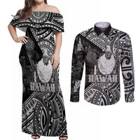 Hawaii King Kamehameha Couples Matching Off Shoulder Maxi Dress and Long Sleeve Button Shirt With Hawaiian Ipu Motifs Black Version