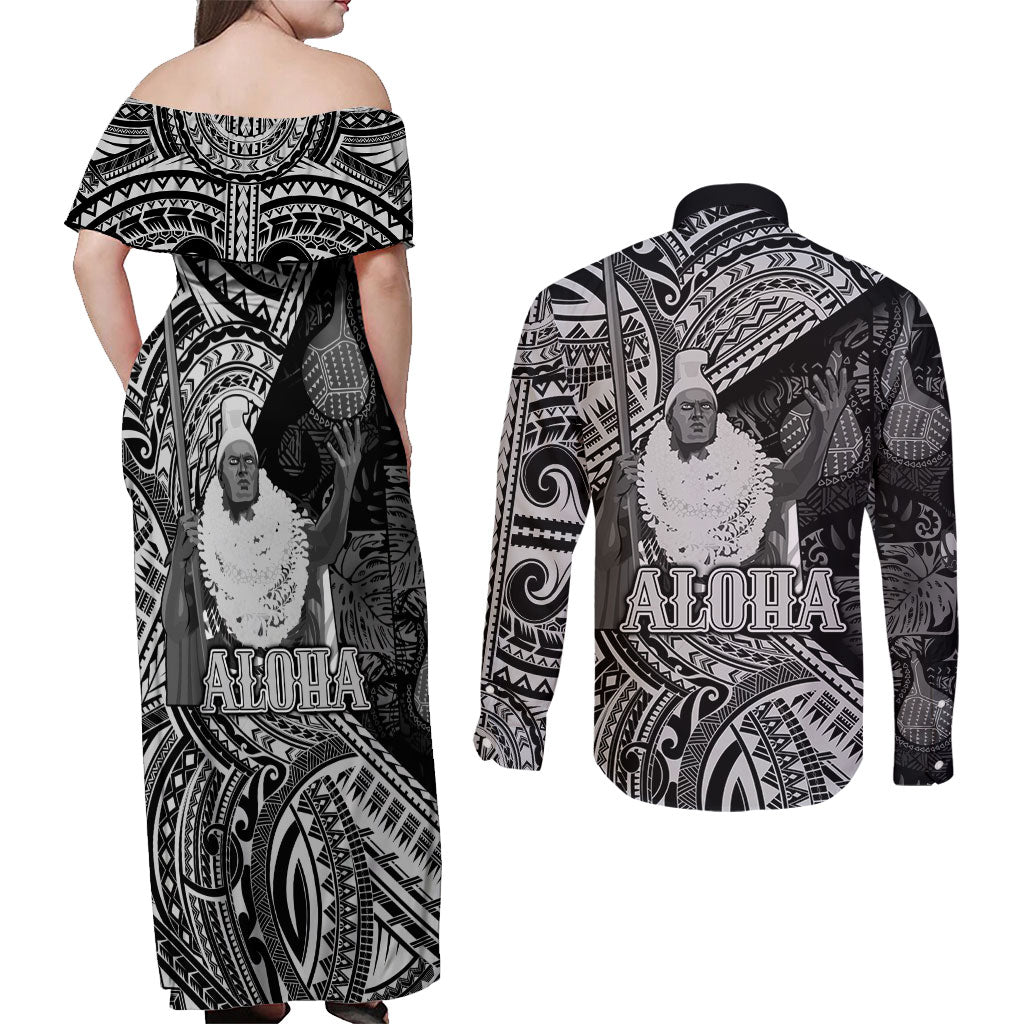 Hawaii King Kamehameha Couples Matching Off Shoulder Maxi Dress and Long Sleeve Button Shirt With Hawaiian Ipu Motifs Black Version