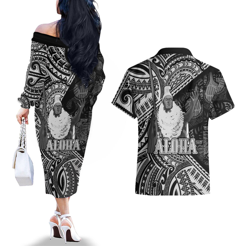 Hawaii King Kamehameha Couples Matching Off The Shoulder Long Sleeve Dress and Hawaiian Shirt With Hawaiian Ipu Motifs Black Version LT05 - Polynesian Pride