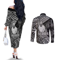 Hawaii King Kamehameha Couples Matching Off The Shoulder Long Sleeve Dress and Long Sleeve Button Shirt With Hawaiian Ipu Motifs Black Version