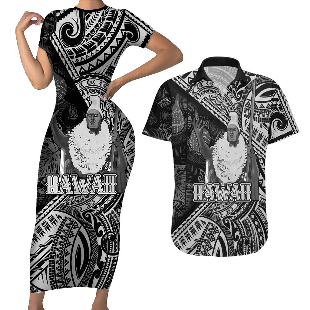 Hawaii King Kamehameha Couples Matching Short Sleeve Bodycon Dress and Hawaiian Shirt With Hawaiian Ipu Motifs Black Version LT05 Black - Polynesian Pride