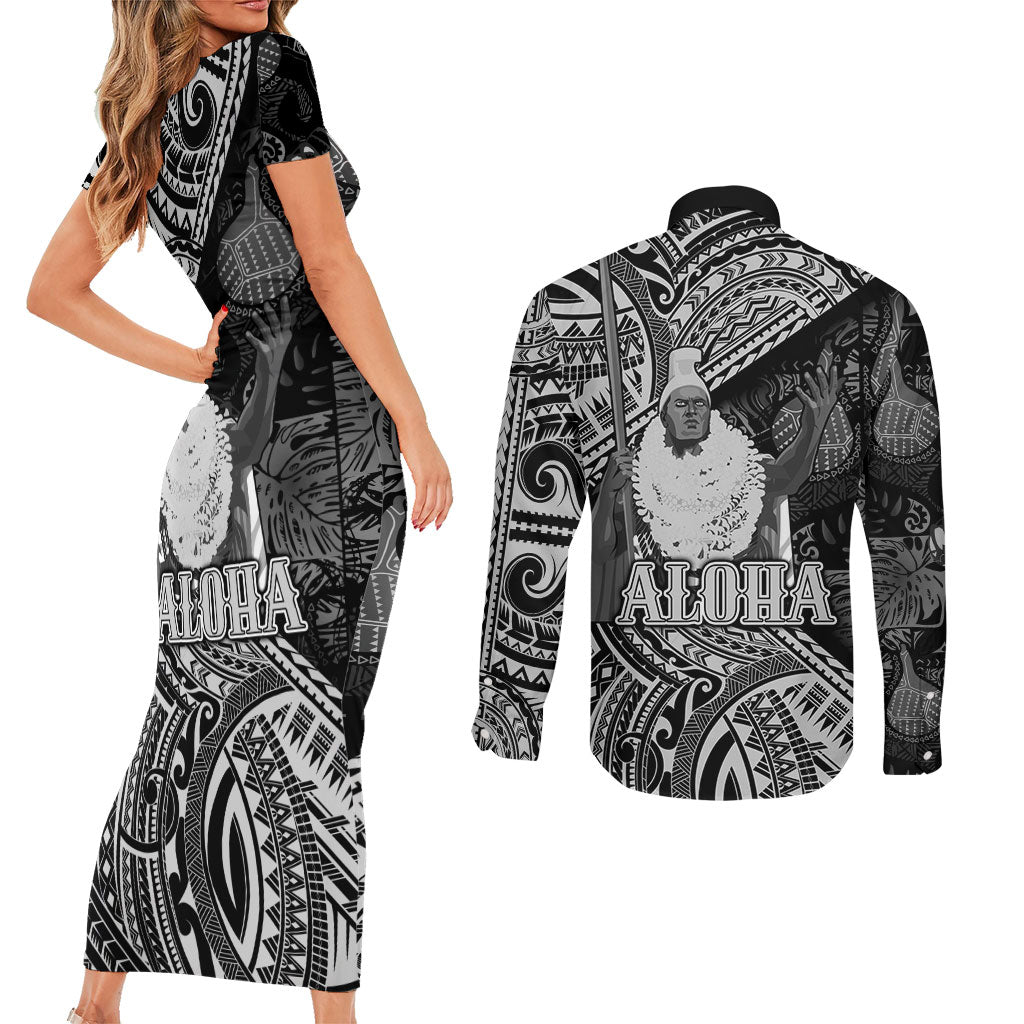 Hawaii King Kamehameha Couples Matching Short Sleeve Bodycon Dress and Long Sleeve Button Shirt With Hawaiian Ipu Motifs Black Version