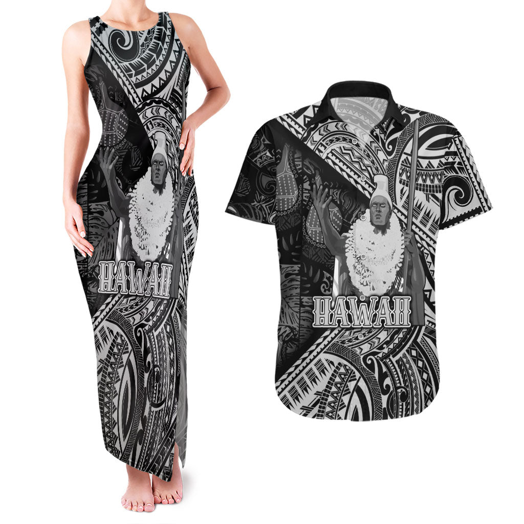 Hawaii King Kamehameha Couples Matching Tank Maxi Dress and Hawaiian Shirt With Hawaiian Ipu Motifs Black Version