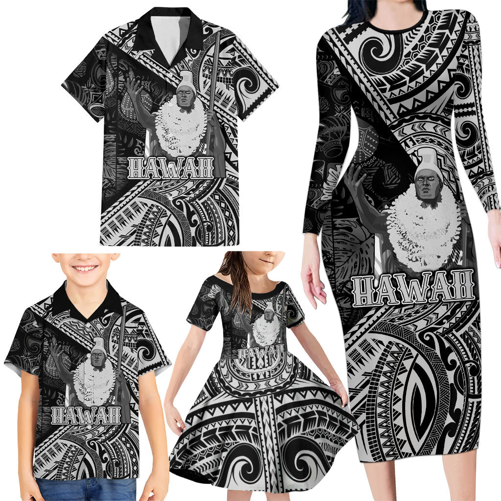 Hawaii King Kamehameha Family Matching Long Sleeve Bodycon Dress and Hawaiian Shirt With Hawaiian Ipu Motifs Black Version LT05 - Polynesian Pride