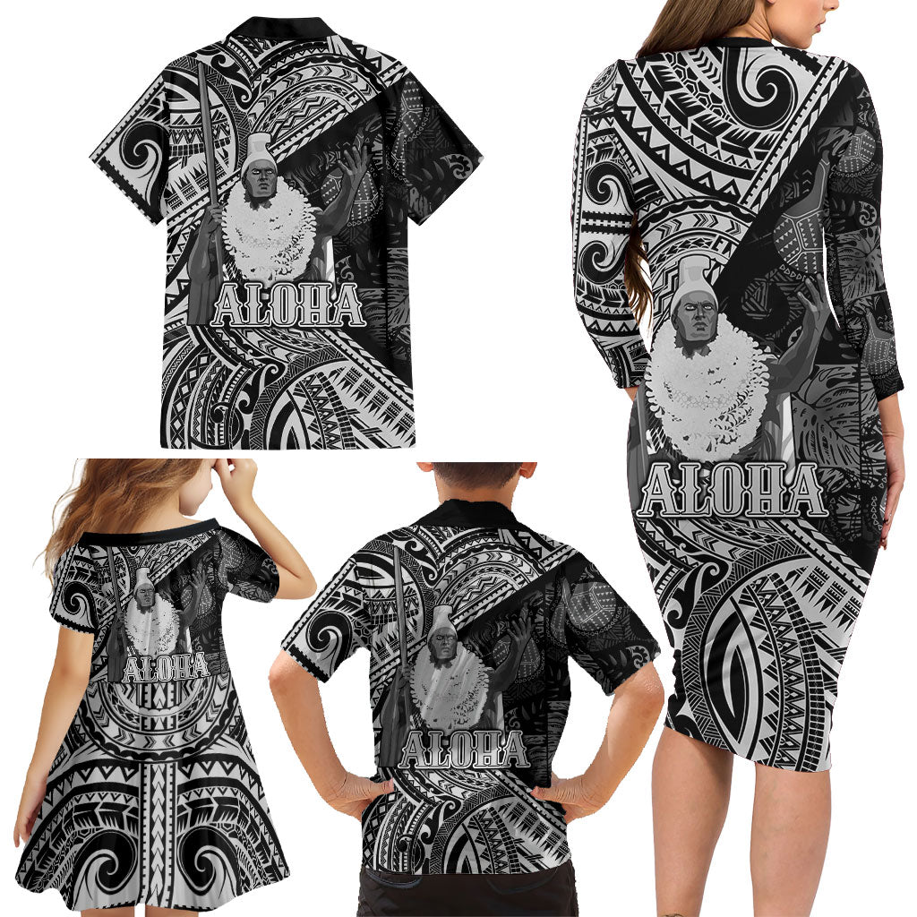 Hawaii King Kamehameha Family Matching Long Sleeve Bodycon Dress and Hawaiian Shirt With Hawaiian Ipu Motifs Black Version LT05 - Polynesian Pride