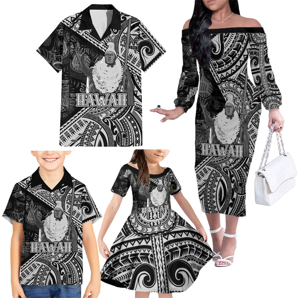Hawaii King Kamehameha Family Matching Off The Shoulder Long Sleeve Dress and Hawaiian Shirt With Hawaiian Ipu Motifs Black Version LT05 - Polynesian Pride