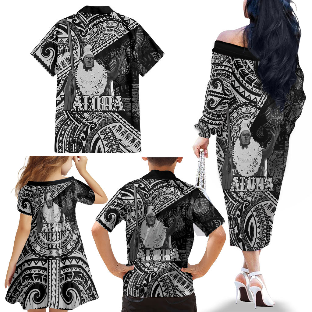 Hawaii King Kamehameha Family Matching Off The Shoulder Long Sleeve Dress and Hawaiian Shirt With Hawaiian Ipu Motifs Black Version LT05 - Polynesian Pride