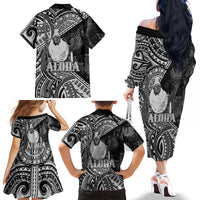 Hawaii King Kamehameha Family Matching Off The Shoulder Long Sleeve Dress and Hawaiian Shirt With Hawaiian Ipu Motifs Black Version LT05 - Polynesian Pride