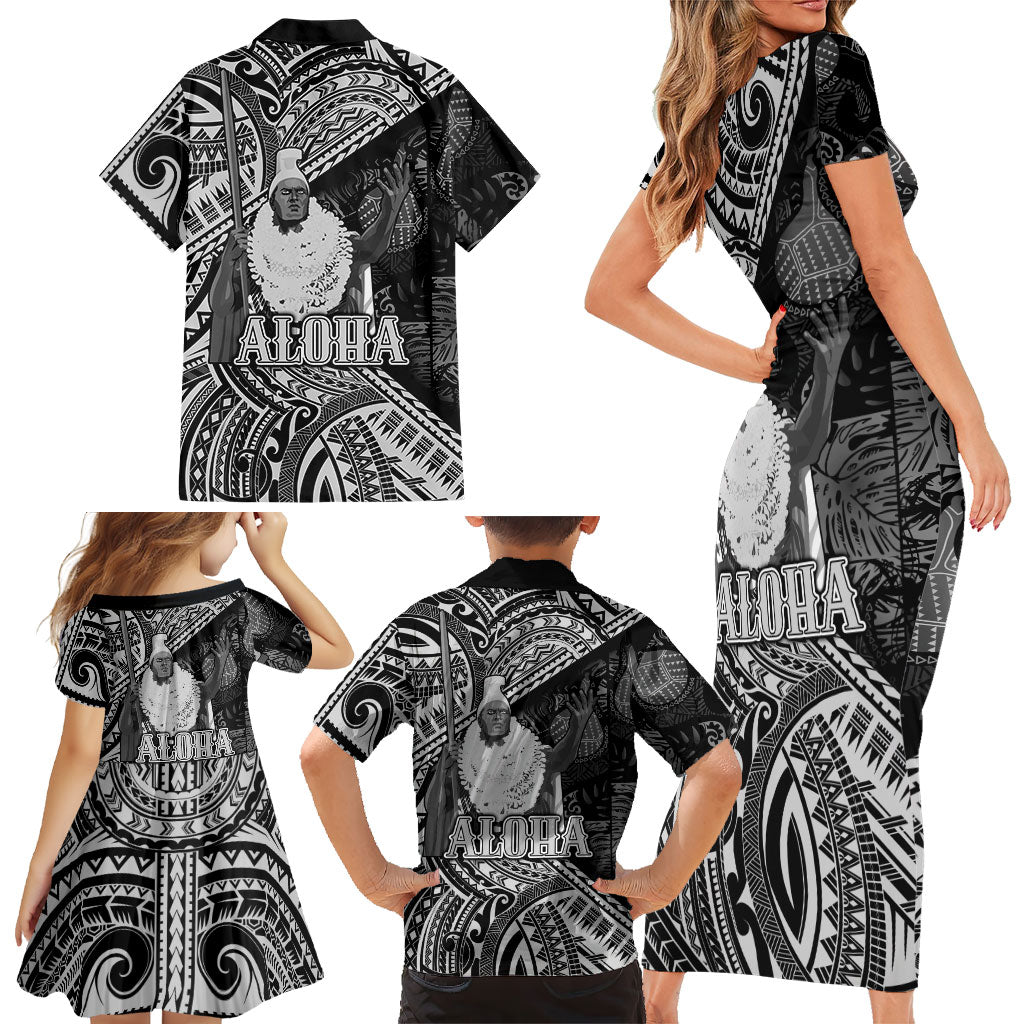 Hawaii King Kamehameha Family Matching Short Sleeve Bodycon Dress and Hawaiian Shirt With Hawaiian Ipu Motifs Black Version LT05 - Polynesian Pride