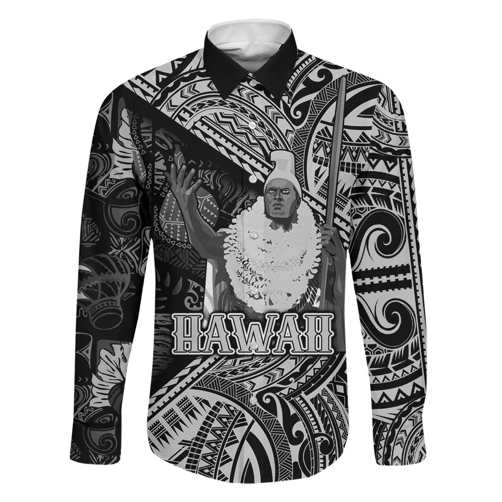 Hawaii King Kamehameha Family Matching Tank Maxi Dress and Hawaiian Shirt With Hawaiian Ipu Motifs Black Version LT05 Dad's Shirt - Long Sleeve Black - Polynesian Pride