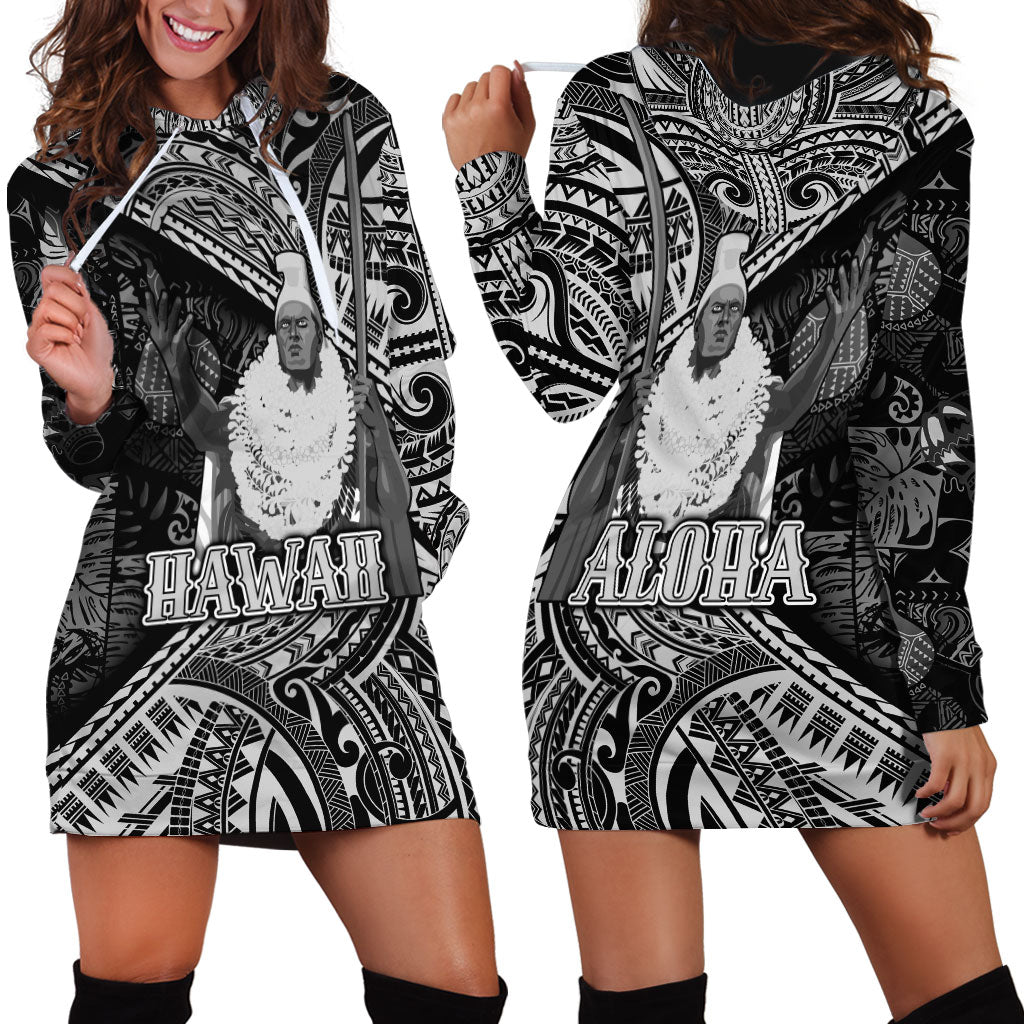Hawaii King Kamehameha Hoodie Dress With Hawaiian Ipu Motifs Black Version