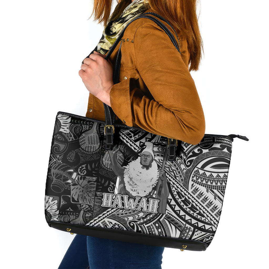 Hawaii King Kamehameha Leather Tote Bag With Hawaiian Ipu Motifs Black Version