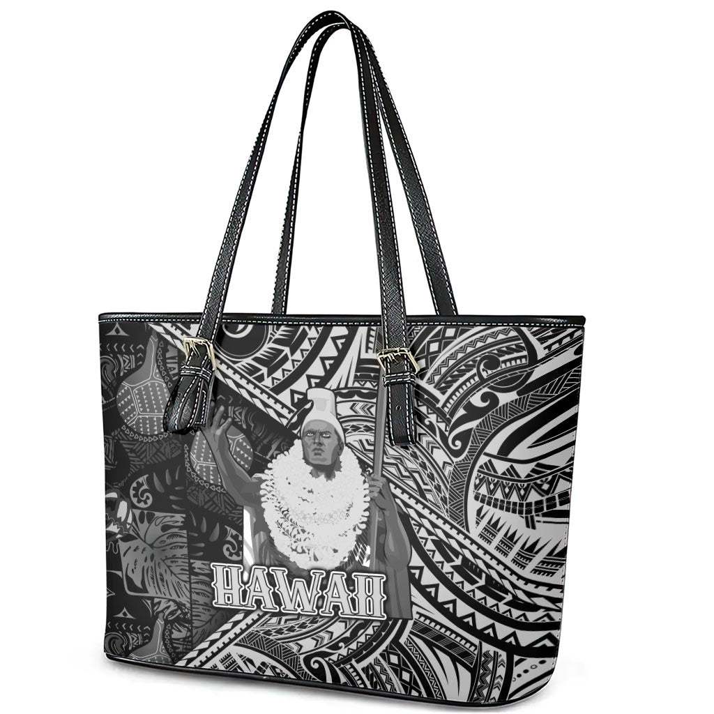 Hawaii King Kamehameha Leather Tote Bag With Hawaiian Ipu Motifs Black Version