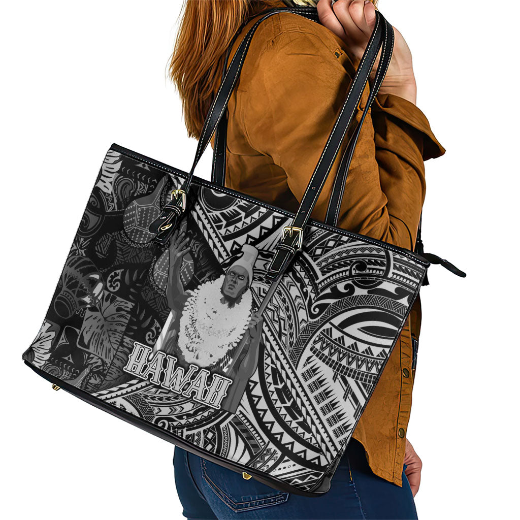 Hawaii King Kamehameha Leather Tote Bag With Hawaiian Ipu Motifs Black Version
